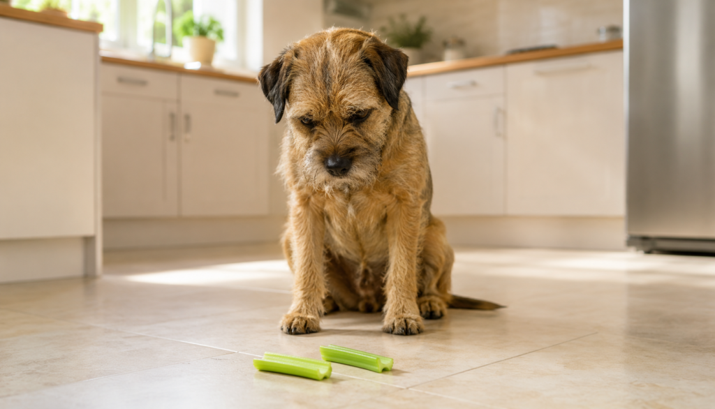 ChatGPT Image Jun 22, 2026, 05_10_09 PM Terrier looking at celery pieces placed on kitchen floor