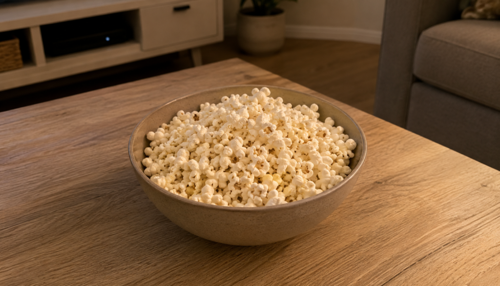 Bowl of plain air-popped popcorn on coffee table for movie night