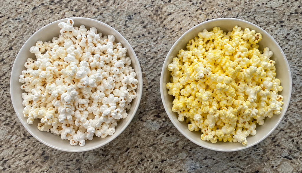 Plain popcorn and buttered salted popcorn compared side by side