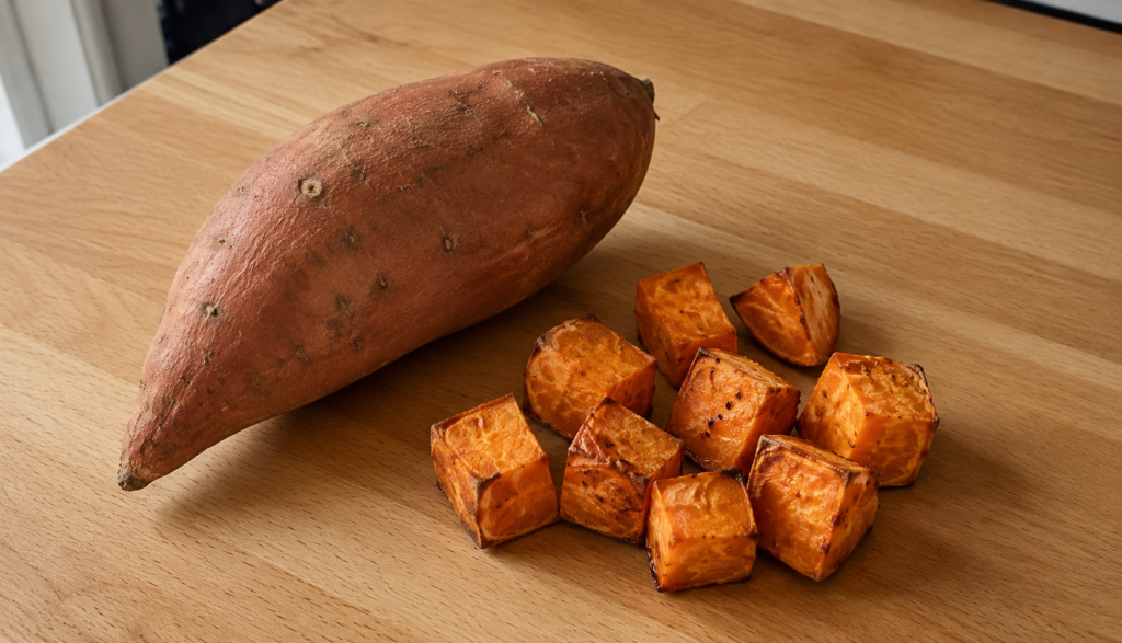 Whole sweet potato and baked cubes on wooden kitchen counter