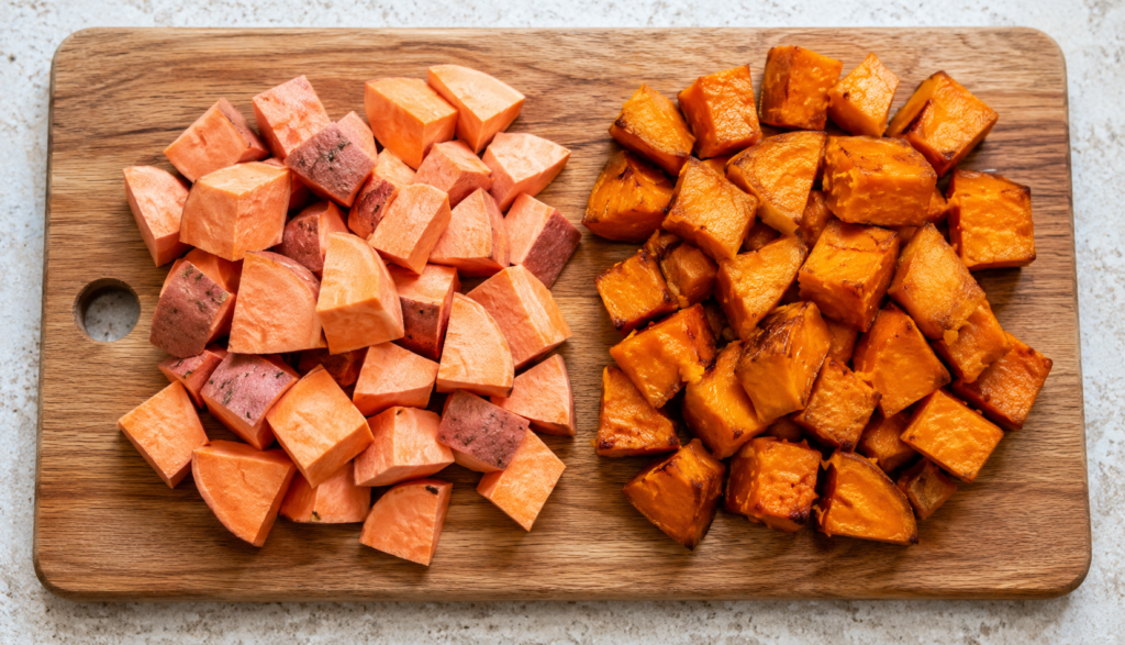 ChatGPT Image Jun 22, 2026, 05_27_30 PM Raw and cooked sweet potato pieces compared on cutting board