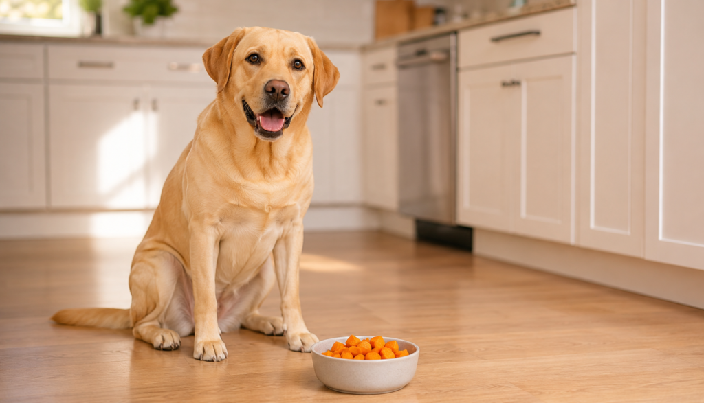 Healthy Labrador Retriever sitting near bowl of sweet potato cubes