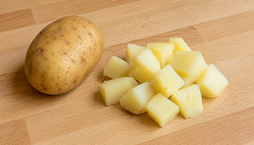 Whole fresh potato and cooked peeled cubes on kitchen counter