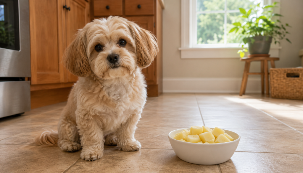 Small dog sitting near bowl of cooked potato pieces on kitchen floor