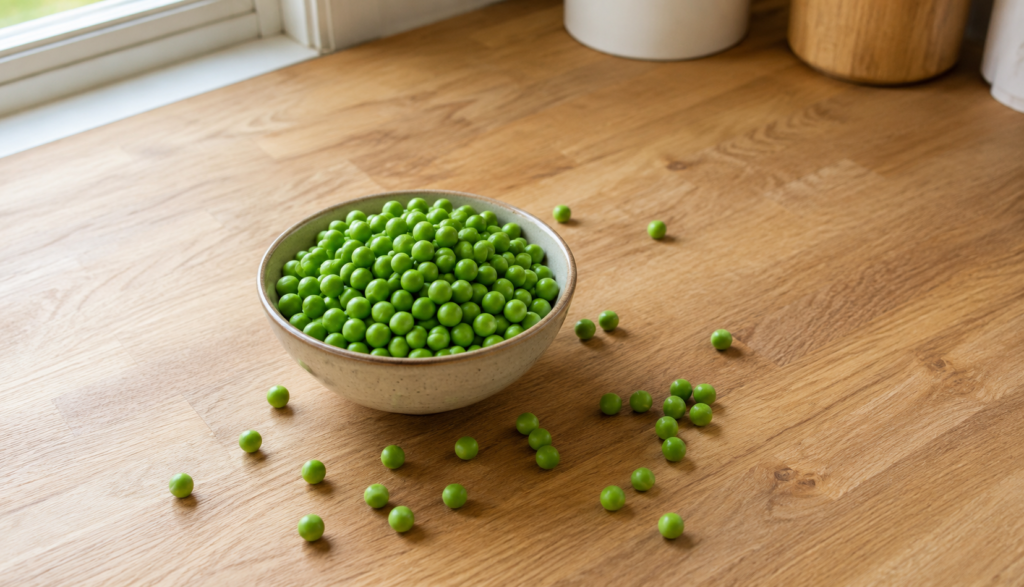 Fresh green peas in bowl scattered on wooden kitchen counter