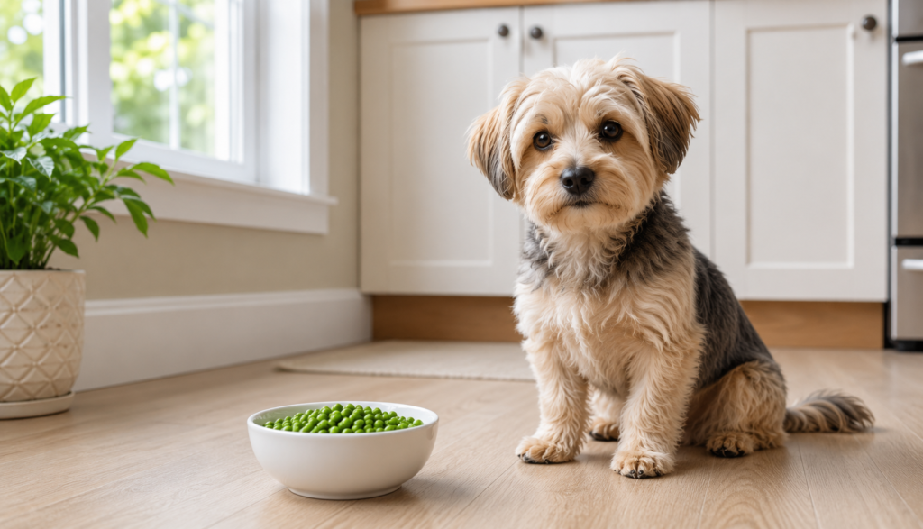 Small dog sitting near bowl of green peas on kitchen floor