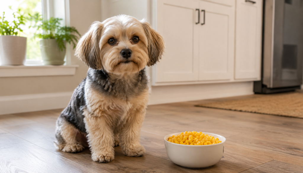 ChatGPT Image Jun 23, 2026, 06_31_37 PM Small dog sitting near bowl of corn kernels on kitchen floor