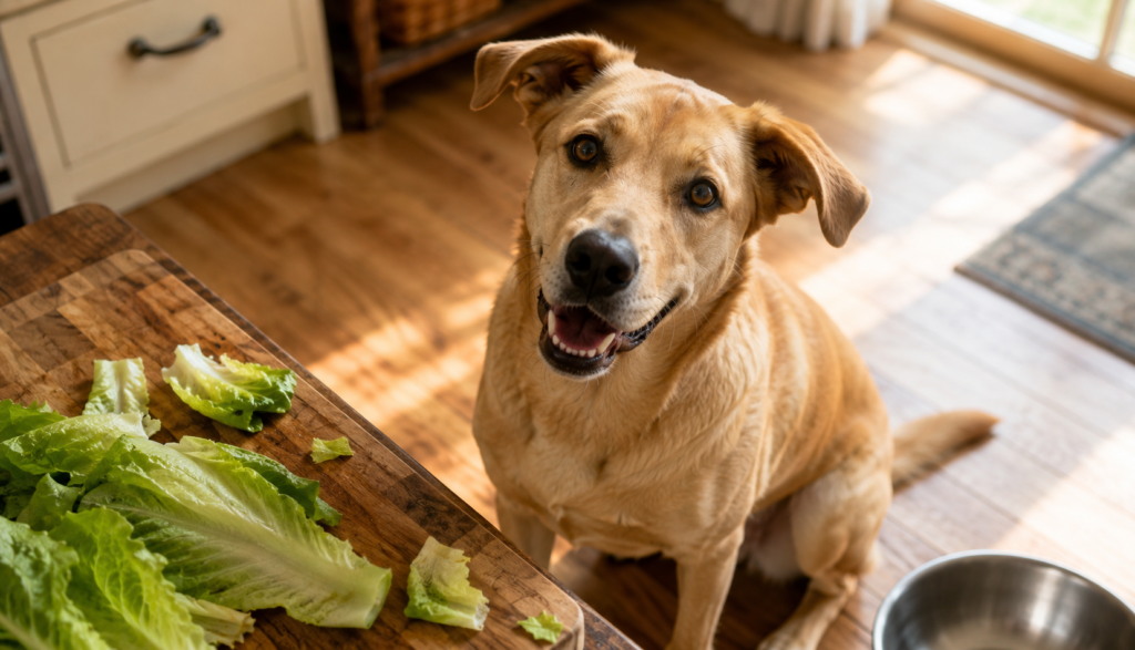 Eager dog sitting beside fresh romaine lettuce on cutting board