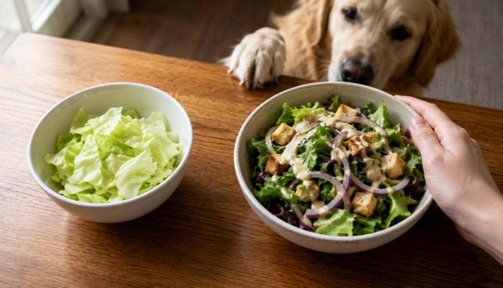 Plain lettuce bowl beside salad with onion and dressing risks