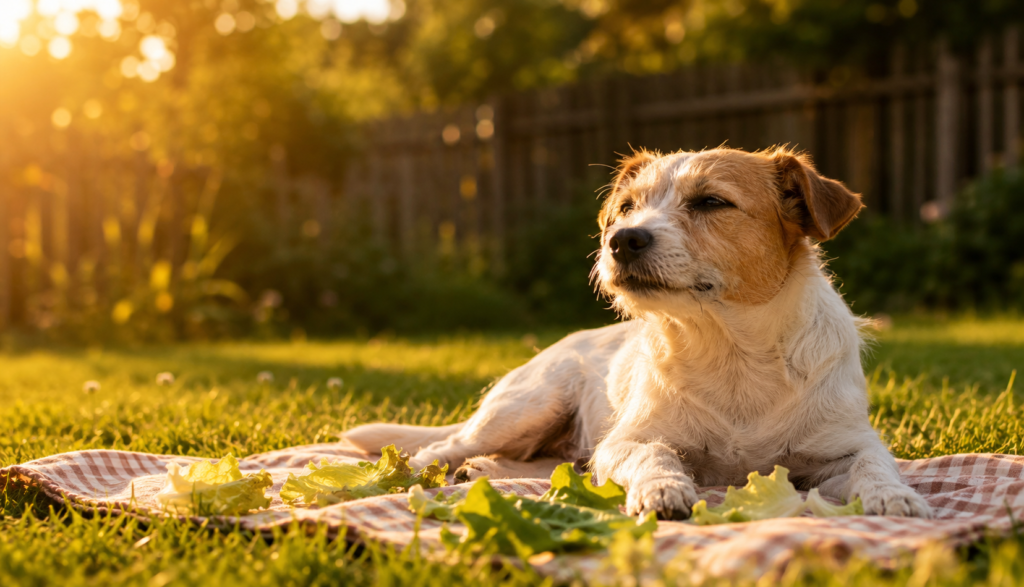 Relaxed dog resting in backyard near scattered lettuce leaves