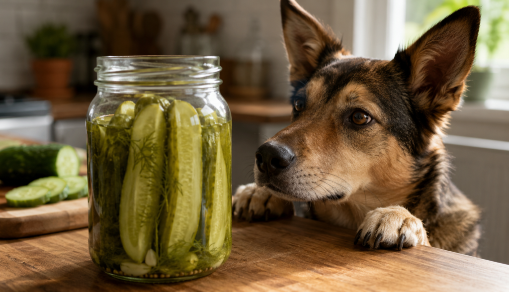 Curious dog sniffing jar of dill pickles on counter