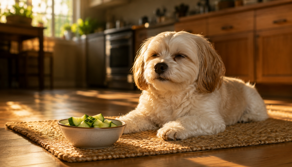 Relaxed dog beside bowl of plain cucumber alternative treat