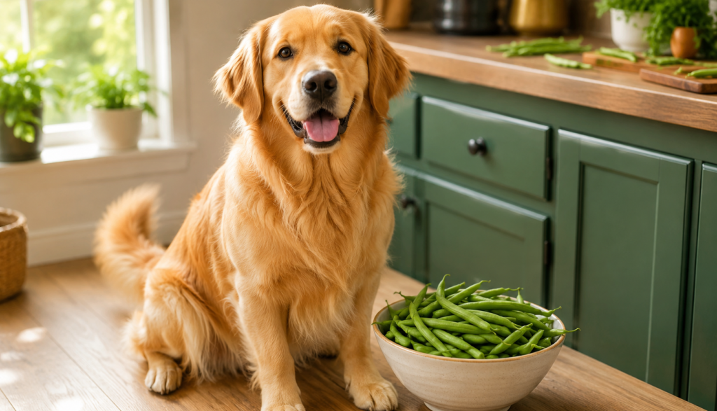 Happy golden retriever beside bowl of fresh green beans