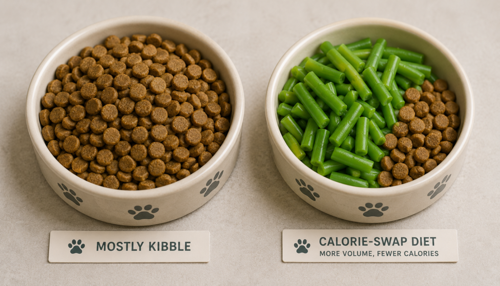 Two dog bowls comparing kibble portion to green bean swap