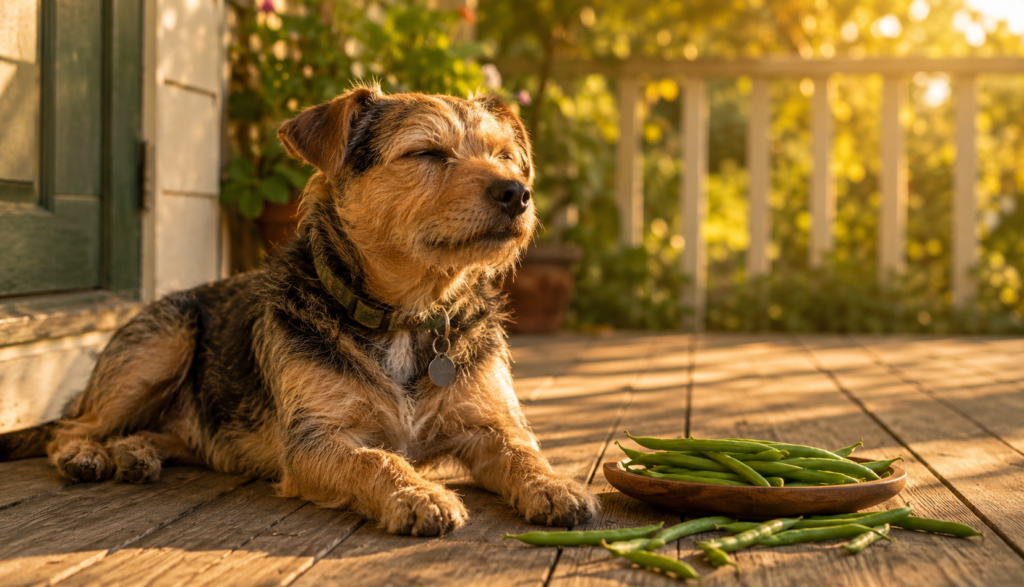 Content terrier resting near plate of fresh green beans