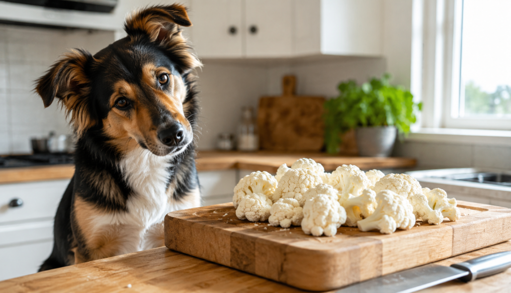 Curious dog beside fresh cauliflower florets on cutting board