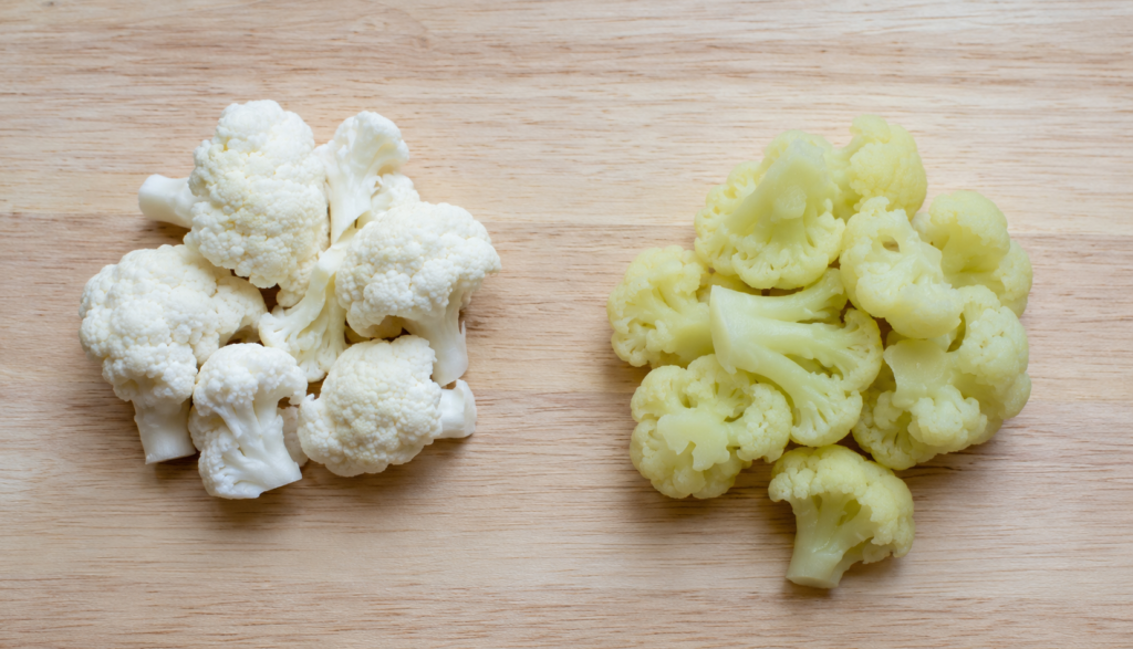 Raw versus steamed cauliflower florets texture comparison