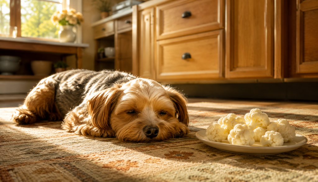 Relaxed dog resting near plate of plain steamed cauliflower