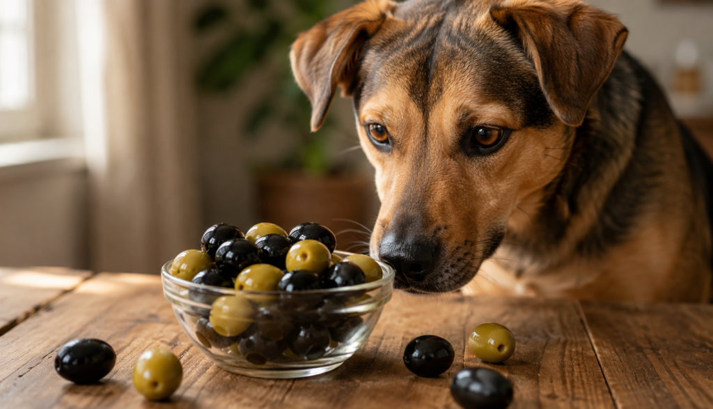 Curious dog sniffing bowl of plain black and green olives