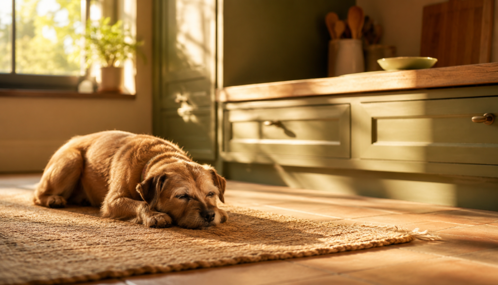 Relaxed dog resting safely away from olive dish on counter