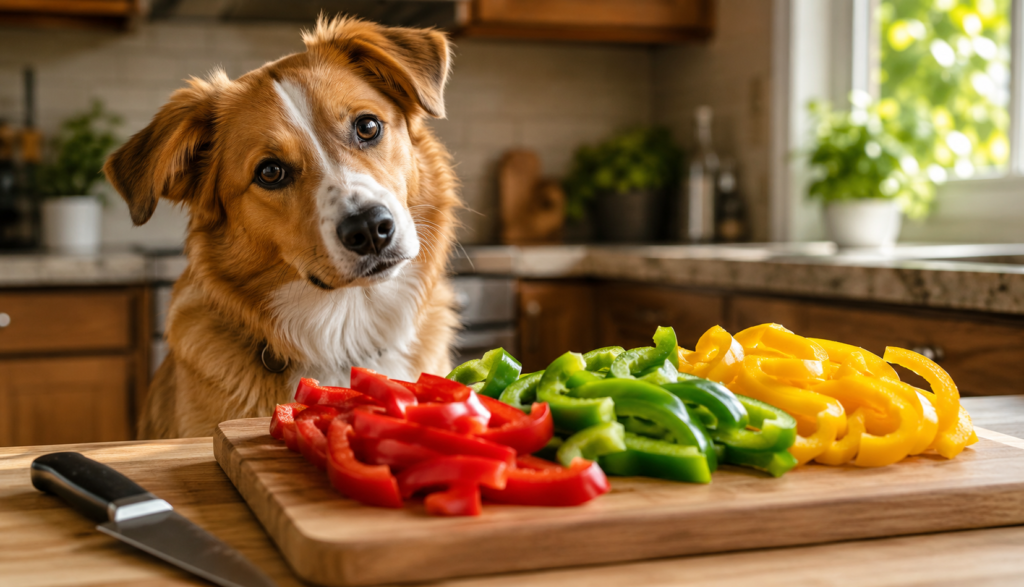 Curious dog beside colorful sliced bell peppers on board