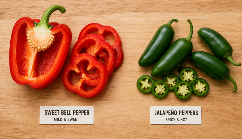 ChatGPT Image Jun 26, 2026, 05_29_35 PM Sweet bell pepper compared to spicy jalapeño peppers