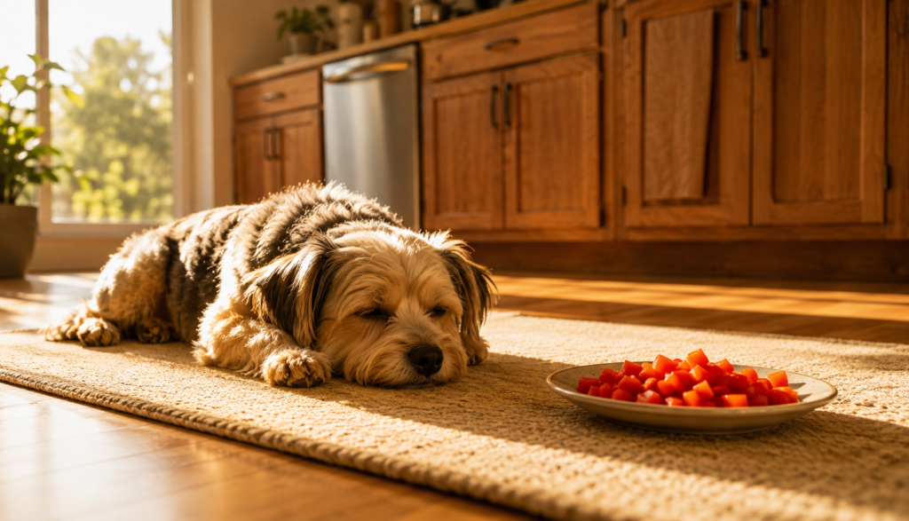 ChatGPT Image Jun 26, 2026, 05_29_39 PM Relaxed dog resting near plate of diced red bell pepper