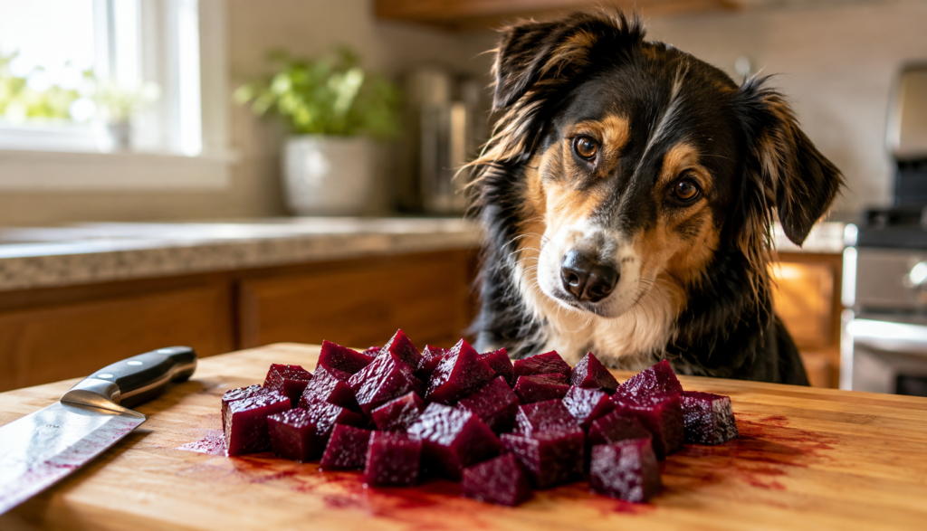 Curious dog beside sliced roasted beets on cutting board