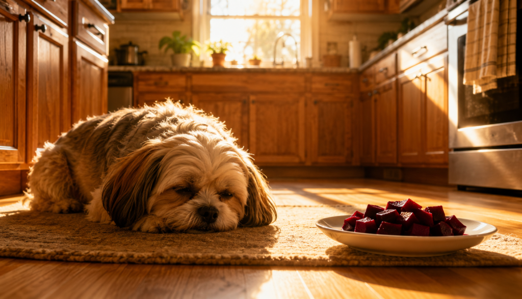 Relaxed dog resting near plate of plain cooked beet cubes