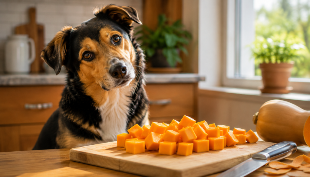Curious dog beside cubed butternut squash on cutting board