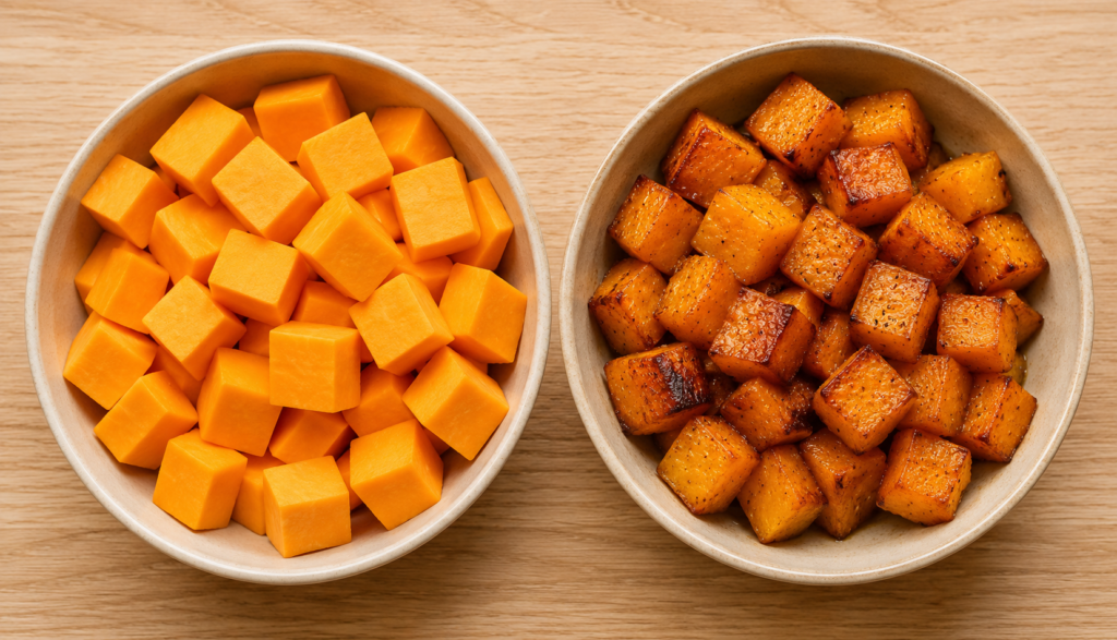 ChatGPT Image Jun 27, 2026, 11_20_53 PM Raw versus roasted butternut squash texture comparison
