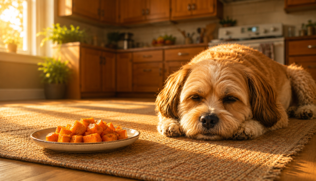 Relaxed dog resting near plate of roasted butternut squash