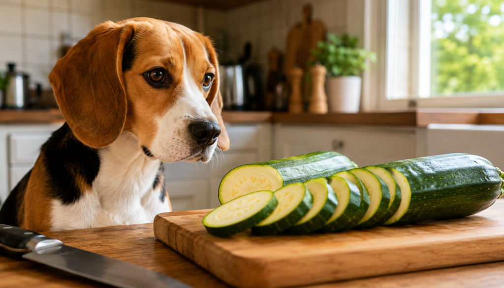 Curious Beagle beside fresh sliced zucchini on cutting board