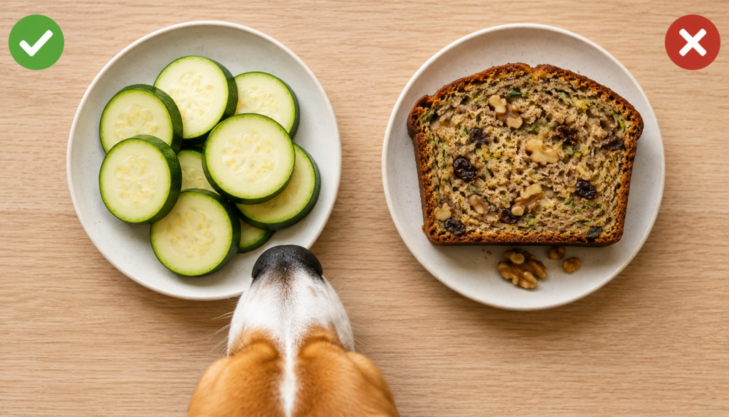 Plain zucchini beside zucchini bread showing dog food risk