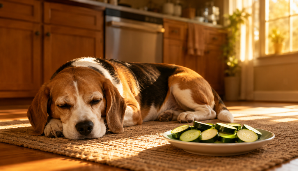 Relaxed Beagle resting near plate of plain sliced zucchini