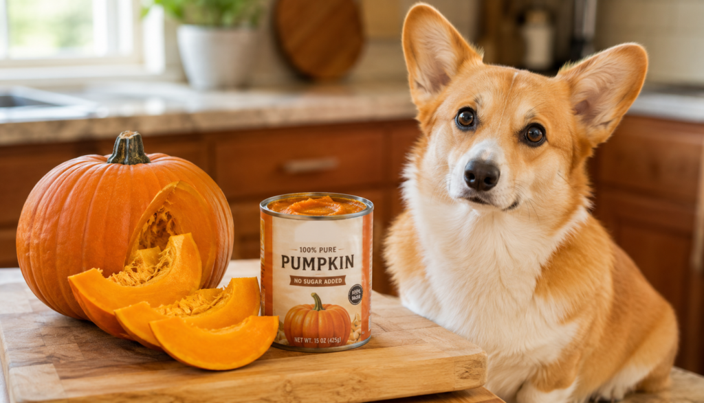 Curious Corgi beside fresh pumpkin and canned puree