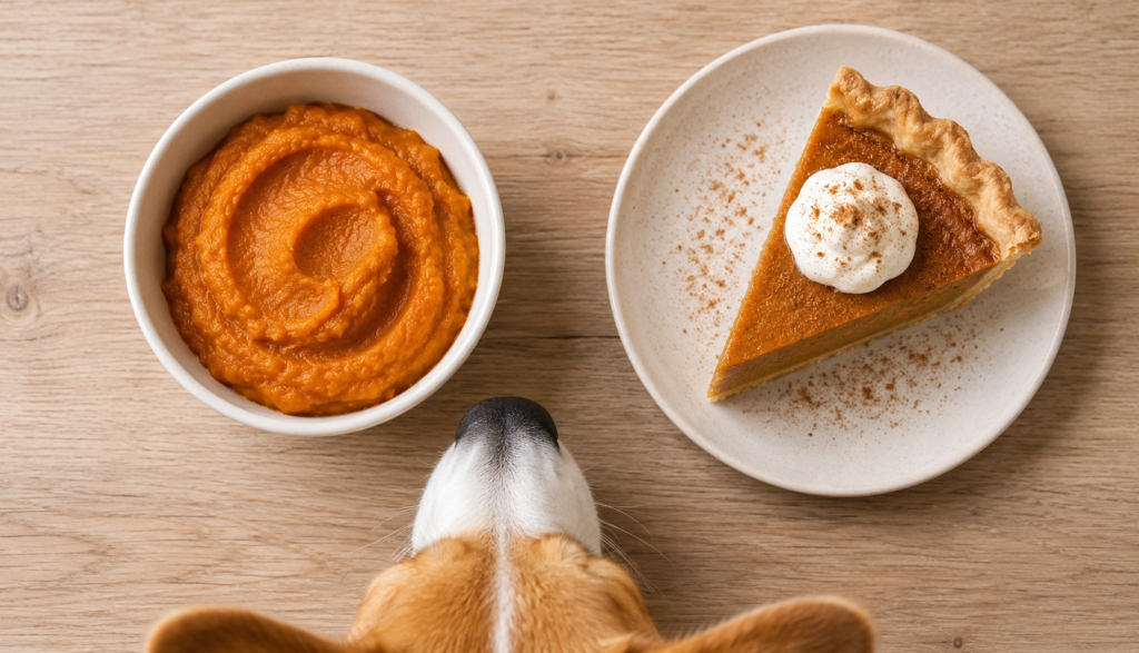 Plain pumpkin puree beside pumpkin pie showing dog food risk
