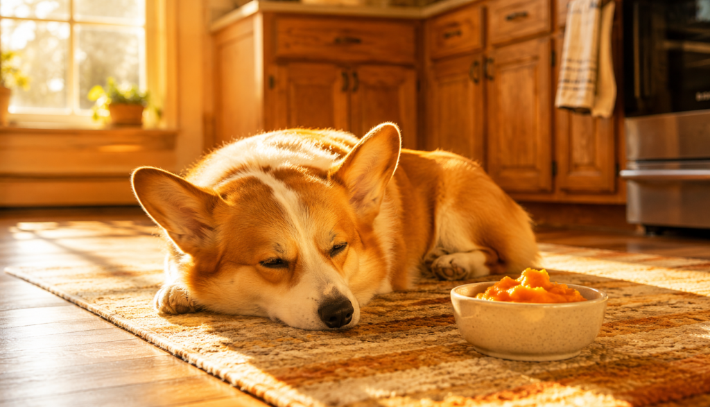 Relaxed Corgi resting near bowl of plain pumpkin puree