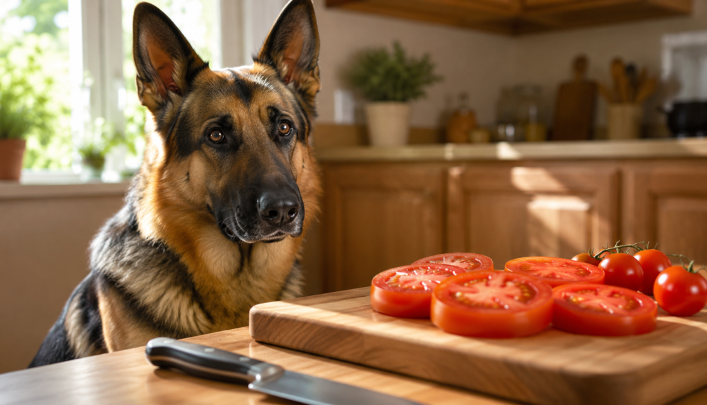 Alert German Shepherd beside sliced ripe tomatoes on board