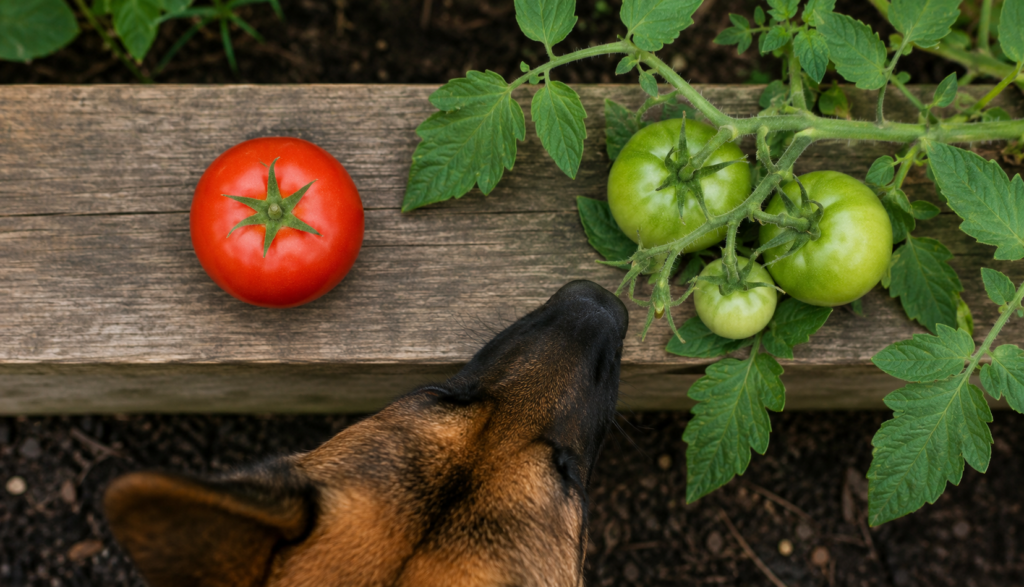 Ripe tomato beside toxic green tomato vine and dog risk