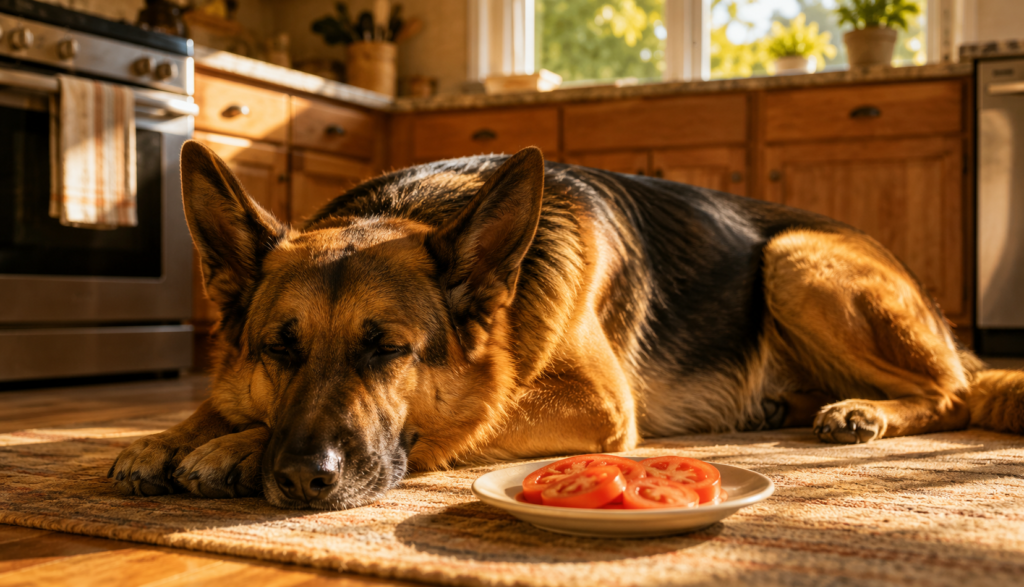Relaxed German Shepherd resting near plate of ripe tomato