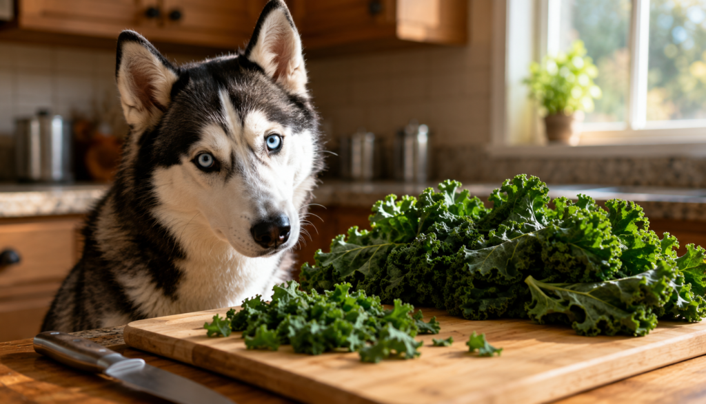 Alert Husky beside fresh kale leaves on cutting board