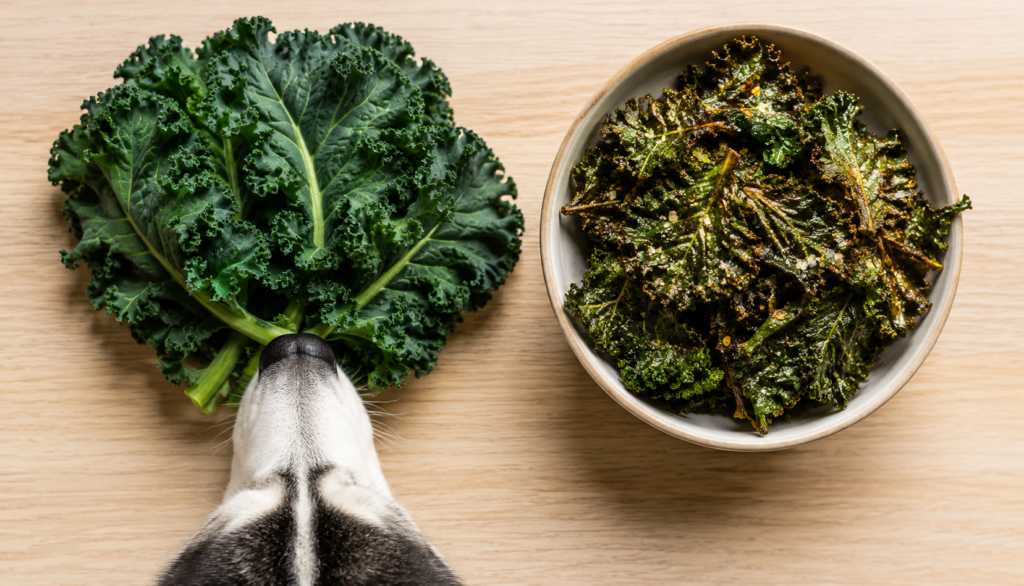 Plain raw kale beside salted kale chips showing dog risk