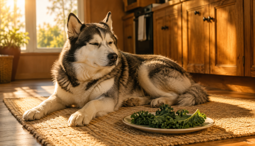  Relaxed Husky resting near plate of plain kale leaves