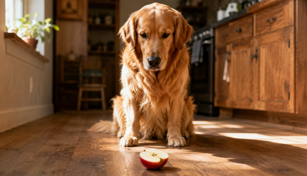 Golden retriever looking at halved apple on kitchen floor