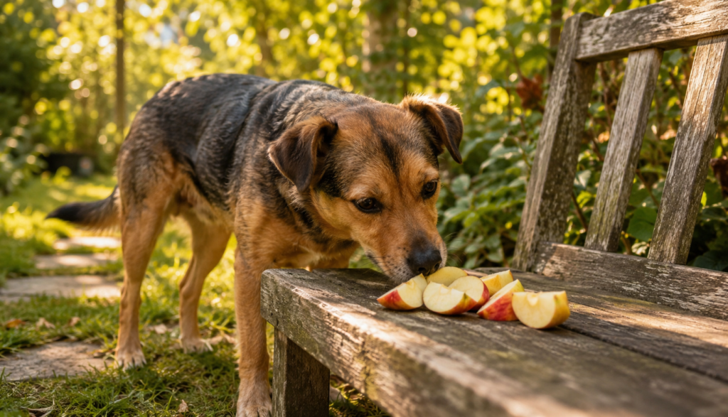 Small dog sniffing fresh apple slices on wooden bench in garden
