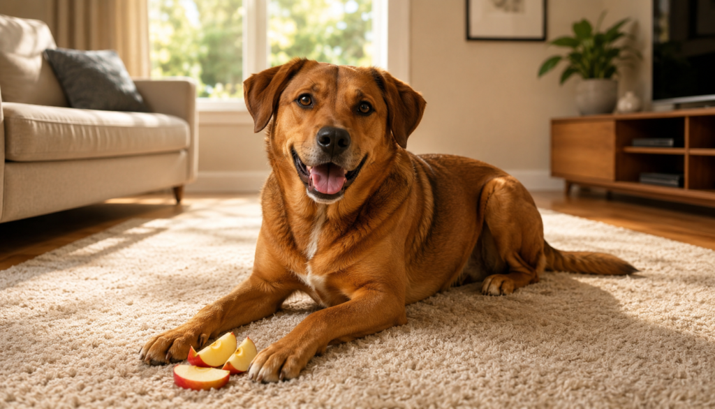 Relaxed brown dog resting beside fresh apple slices on living room rug