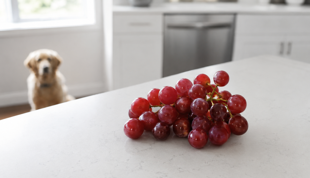 Bunch of red grapes on kitchen counter with dog in background