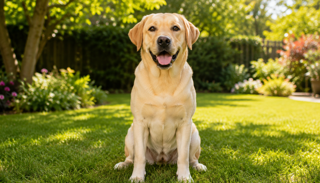 ChatGPT Image Jun 8, 2026, 03_33_04 PM Healthy Labrador retriever sitting alert in sunny backyard garden