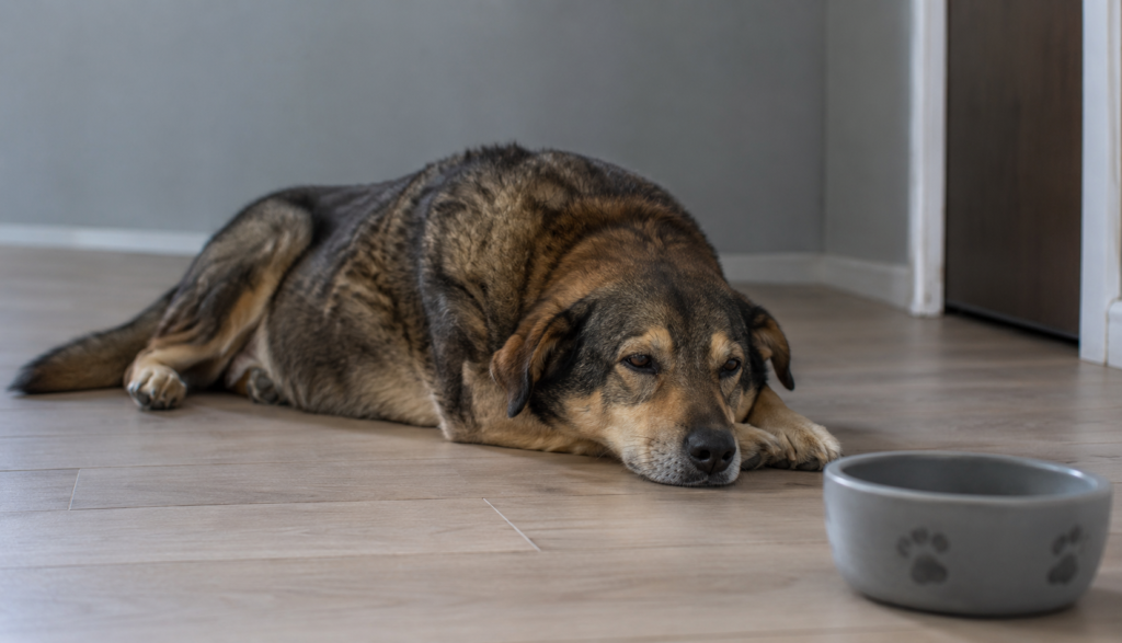 ChatGPT Image Jun 8, 2026, 03_33_39 PM Lethargic dog lying flat on floor with empty water bowl nearby